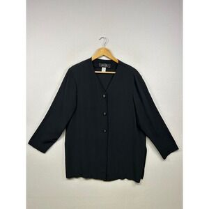 ACW Design Minimalist Professional Women Large Black V-Neck Button Front Blouse